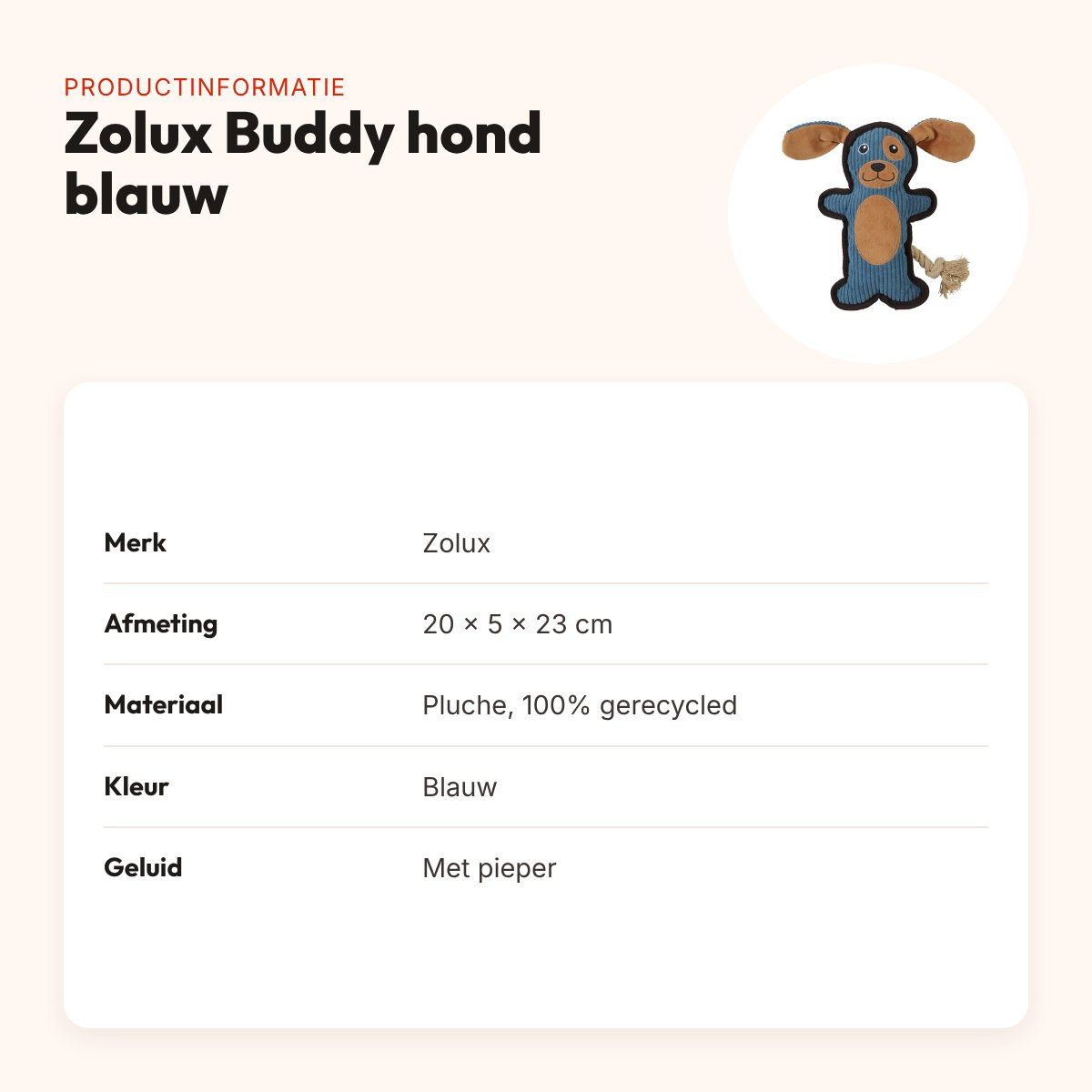 Zolux Buddy hond hondenspeeltje blauw 20 x 5 x 23 cm – pluche, piepend – productinformatie