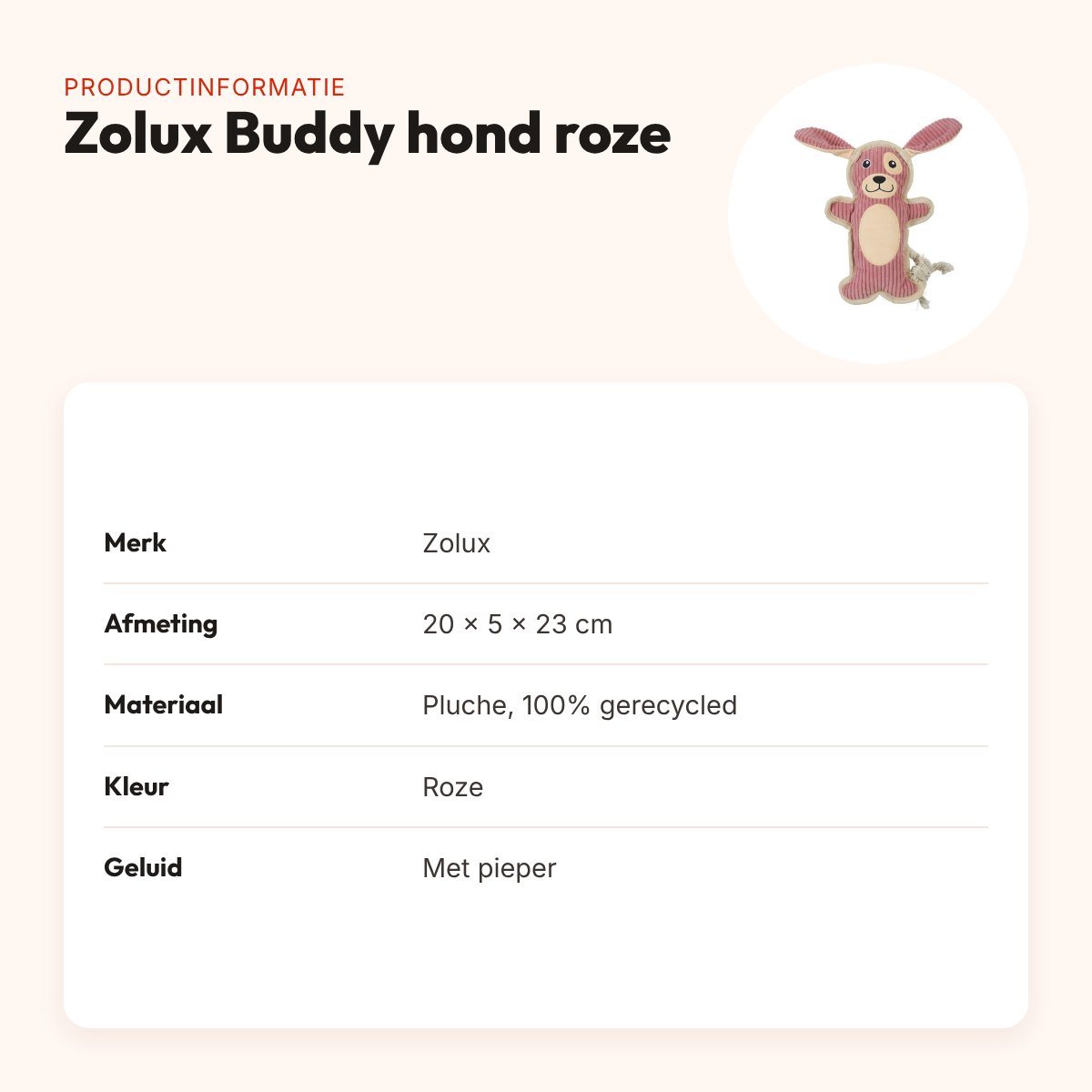 Zolux Buddy hond hondenspeeltje roze 20 x 5 x 23 cm – pluche, piepend – productinformatie