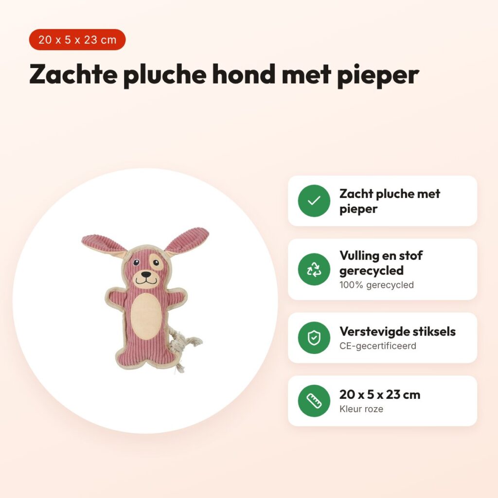 Zolux Buddy hond hondenspeeltje roze 20 x 5 x 23 cm – pluche, piepend – voordelen