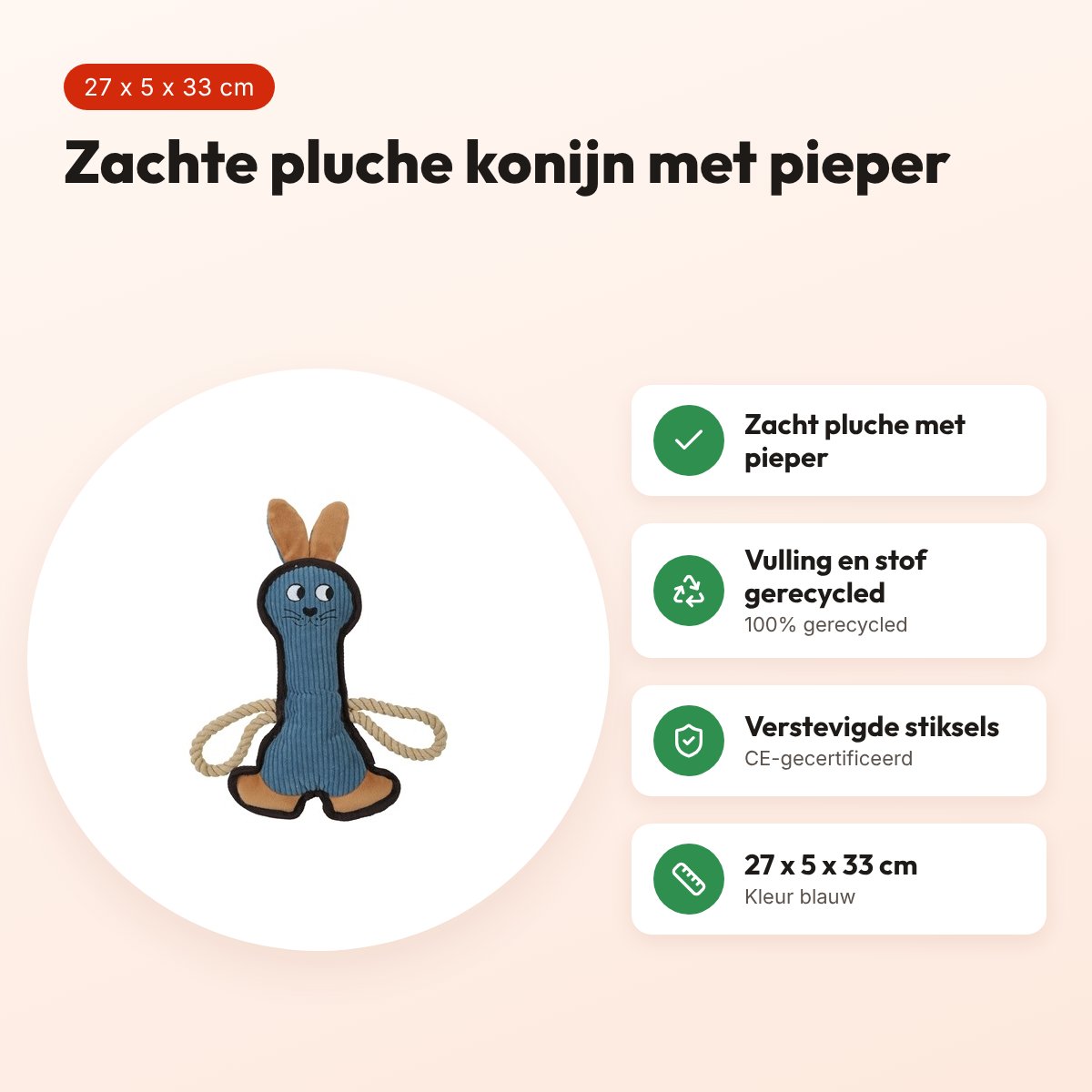 Zolux Buddy konijn hondenspeeltje blauw 27 x 5 x 33 cm – pluche, piepend – voordelen