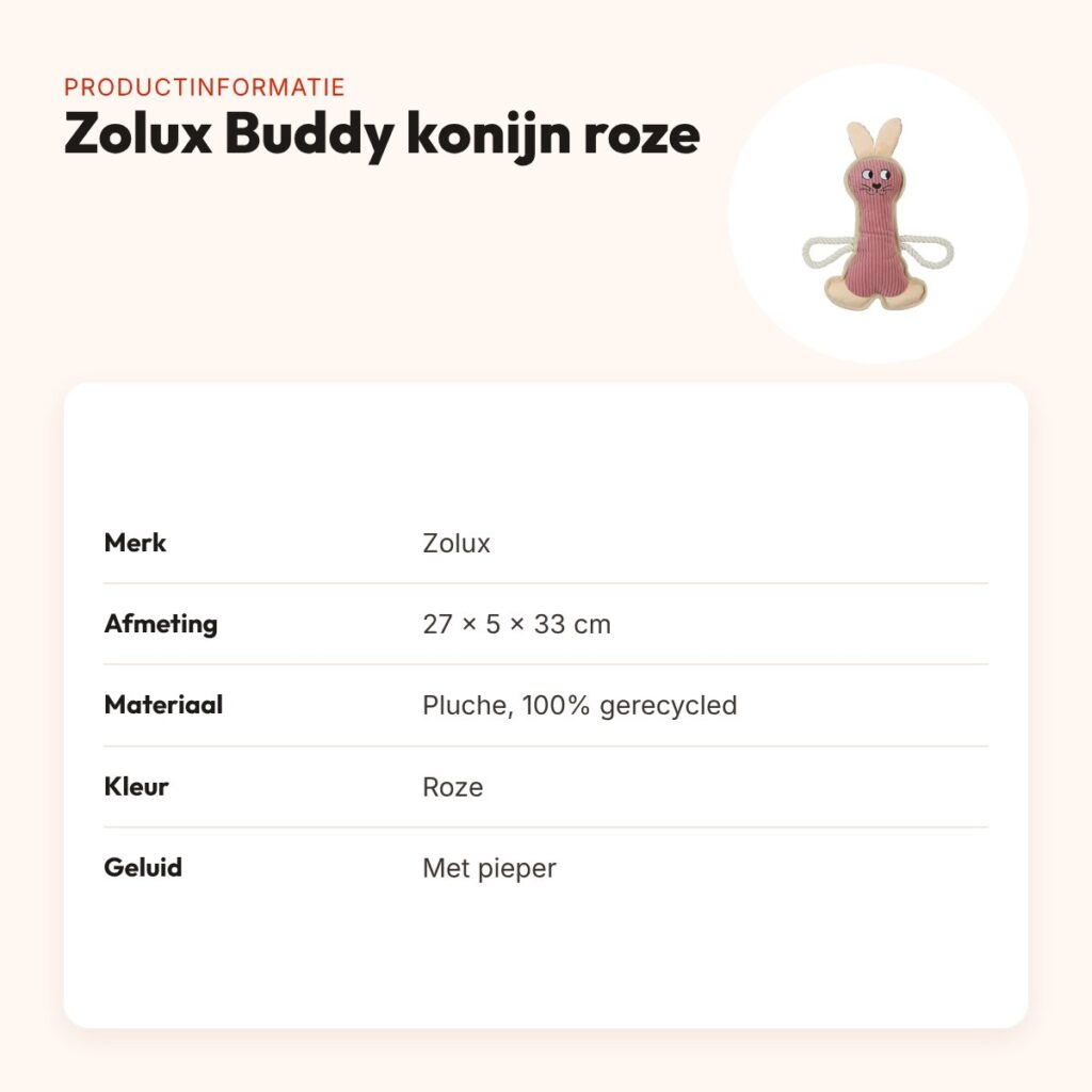 Zolux Buddy konijn hondenspeeltje roze 27 x 5 x 33 cm – pluche, piepend – productinformatie