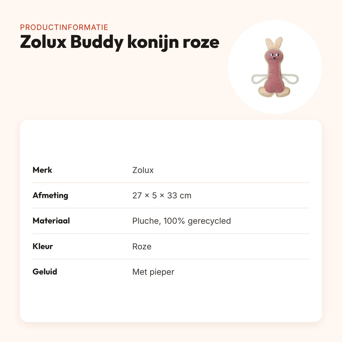 Zolux Buddy konijn hondenspeeltje roze 27 x 5 x 33 cm – pluche, piepend – productinformatie
