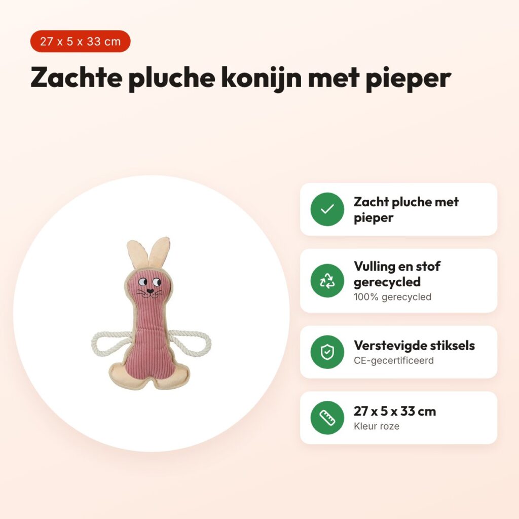 Zolux Buddy konijn hondenspeeltje roze 27 x 5 x 33 cm – pluche, piepend – voordelen