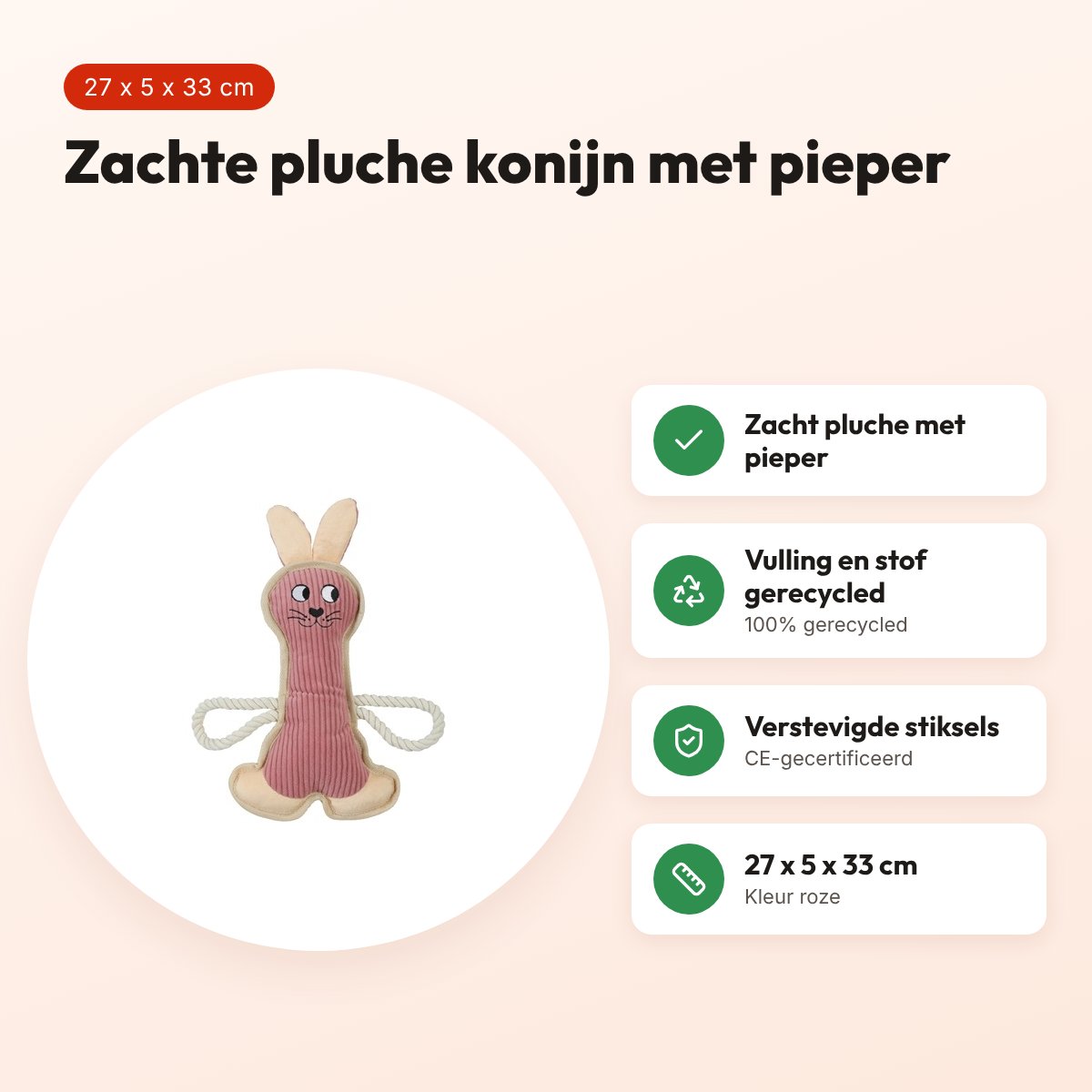 Zolux Buddy konijn hondenspeeltje roze 27 x 5 x 33 cm – pluche, piepend – voordelen