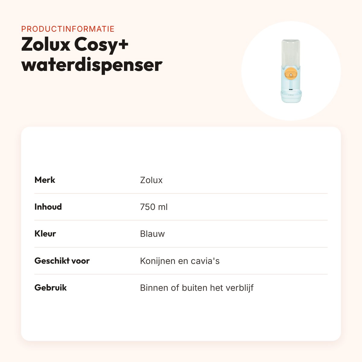 Zolux Cosy+ waterdispenser konijn en cavia 750 ml – blauw – productinformatie