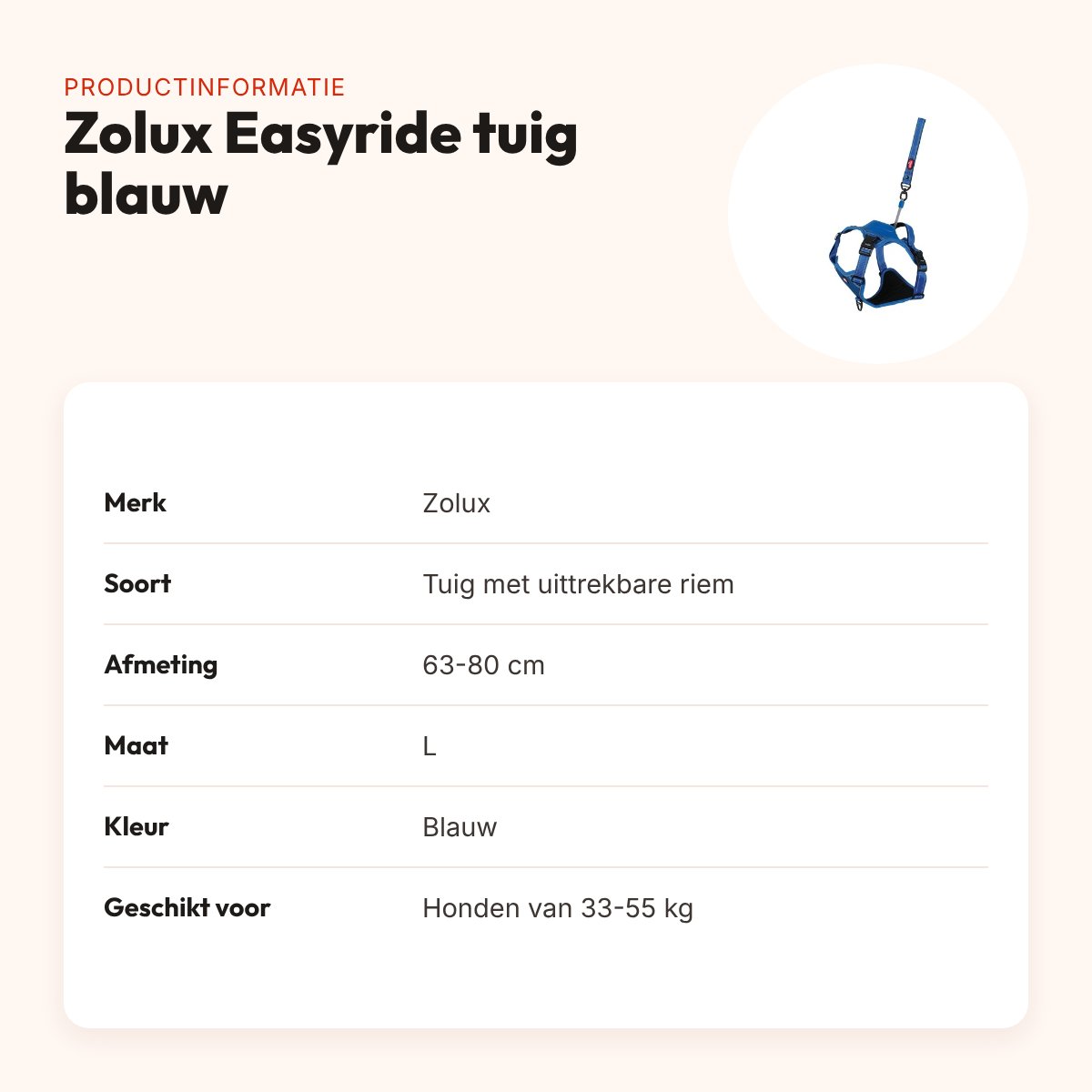 Zolux Easyride hondentuig blauw L 63-80 cm – handsfree, 33-55 kg – productinformatie