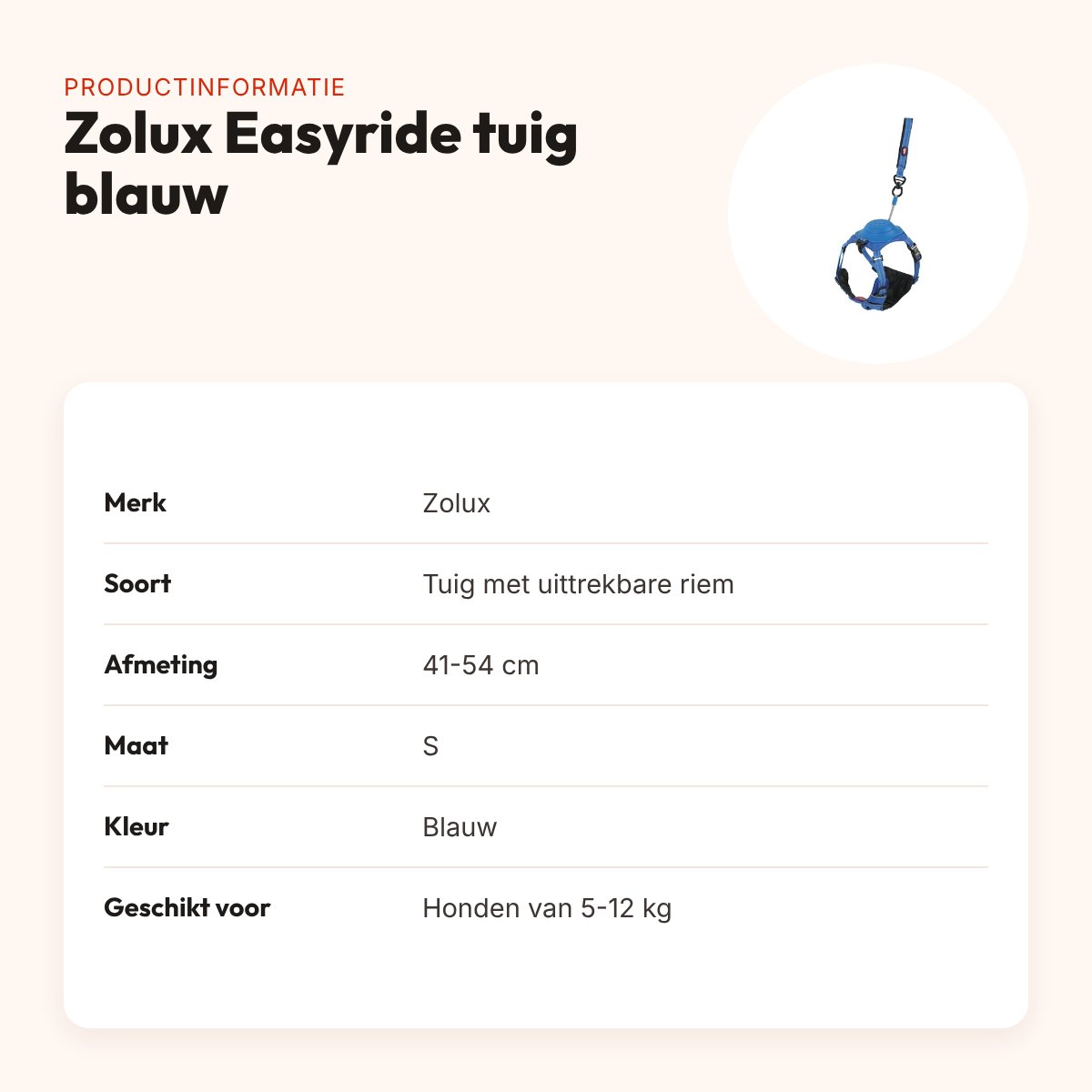 Zolux Easyride hondentuig blauw S 41-54 cm – handsfree, 5-12 kg – productinformatie