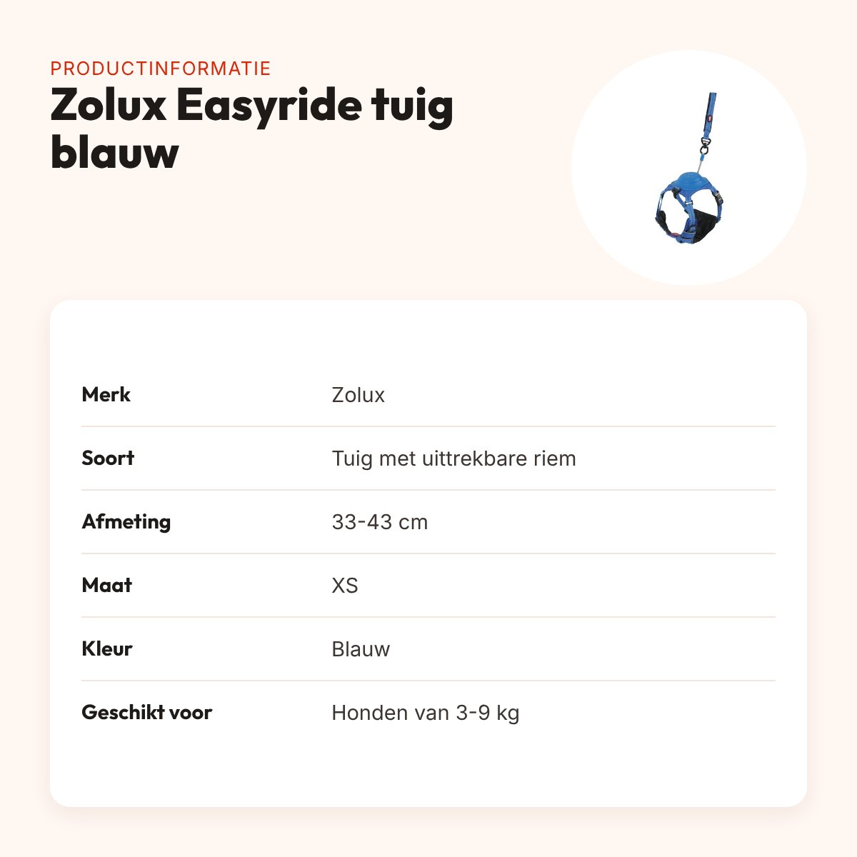 Zolux Easyride hondentuig blauw XS 33-43 cm – handsfree, 3-9 kg – productinformatie