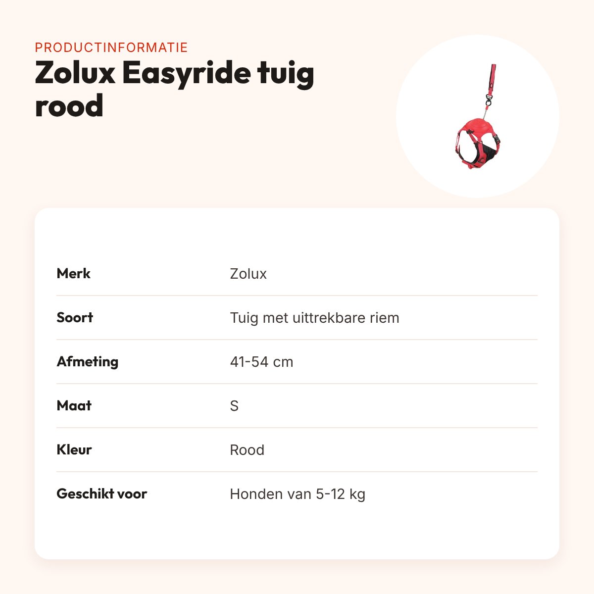 Zolux Easyride hondentuig rood S 41-54 cm – handsfree, 5-12 kg – productinformatie