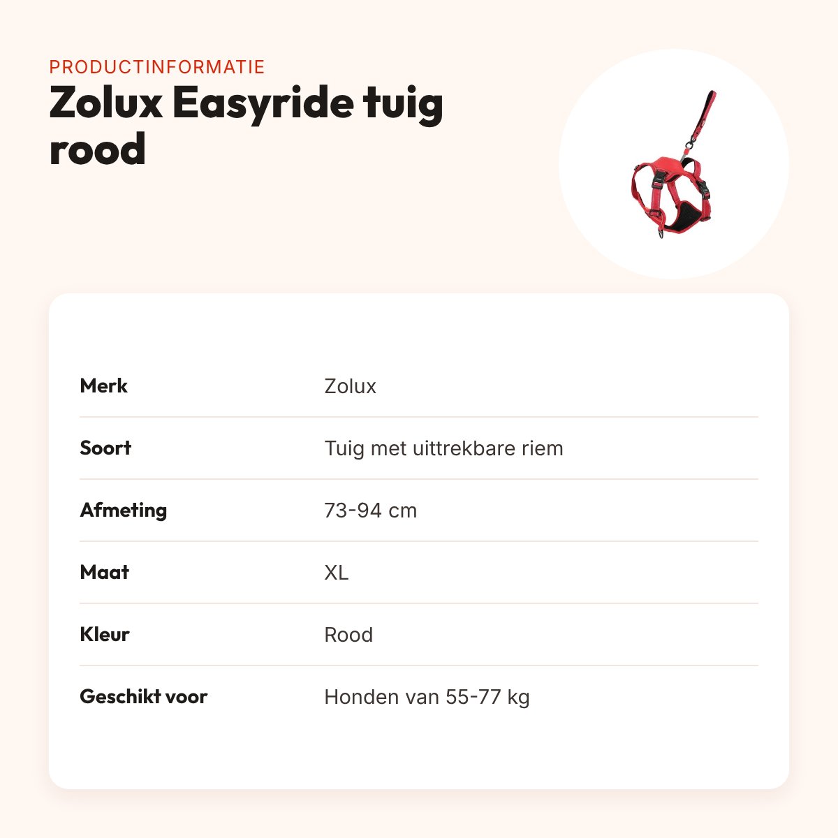 Zolux Easyride hondentuig rood XL 73-94 cm – handsfree, 55-77 kg – productinformatie
