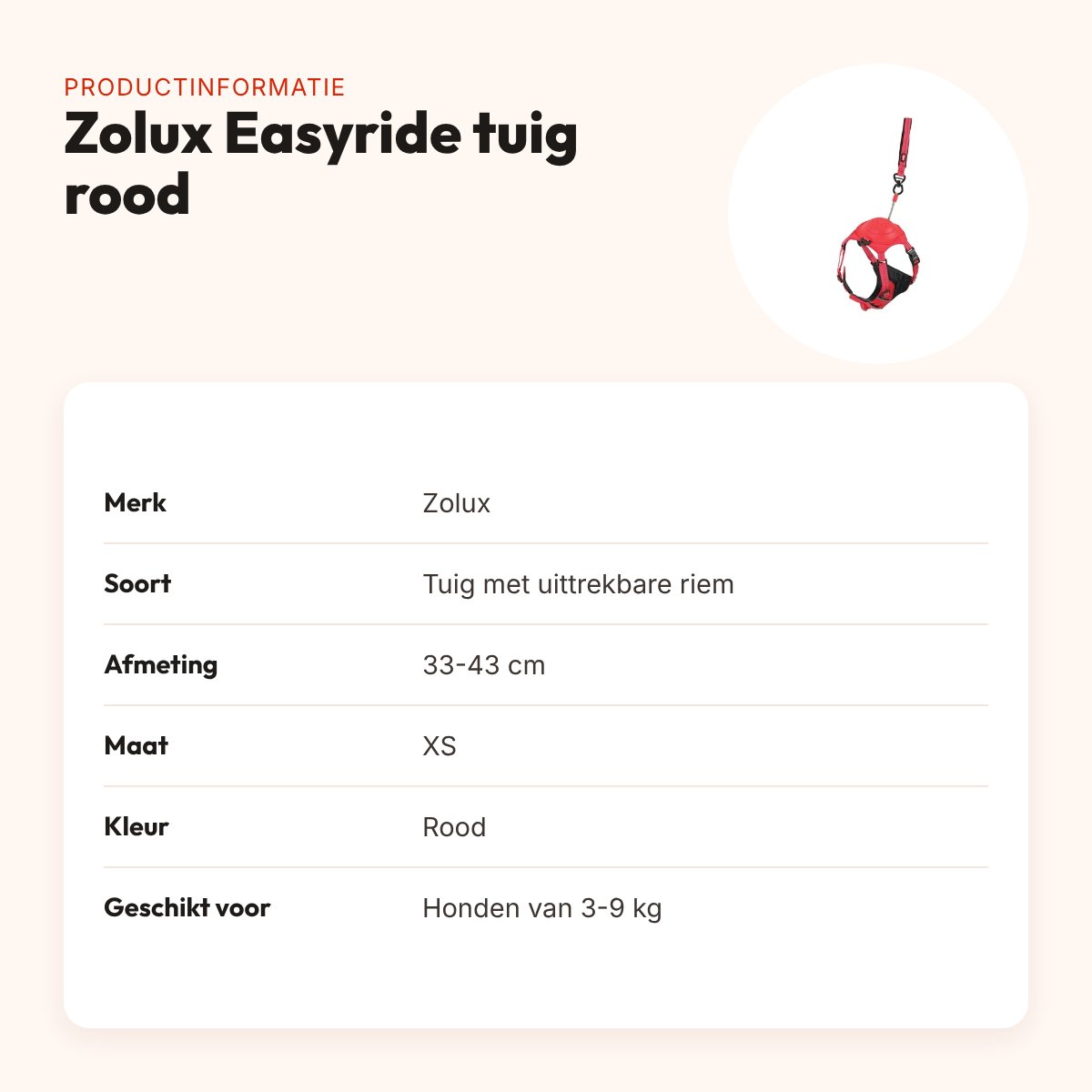 Zolux Easyride hondentuig rood XS 33-43 cm – handsfree, 3-9 kg – productinformatie