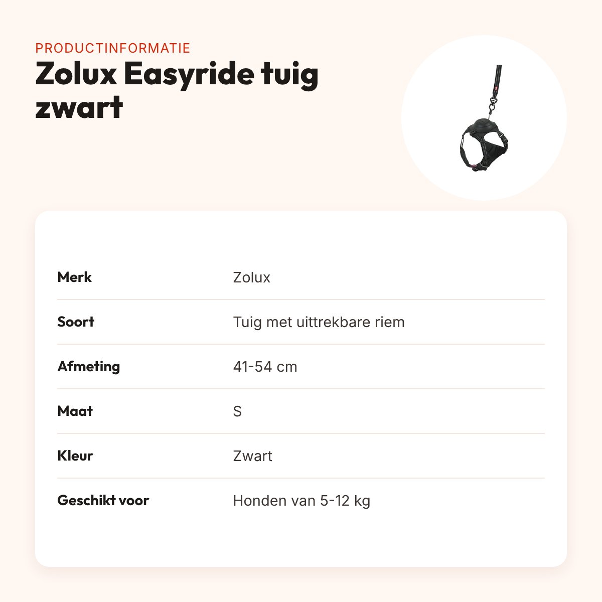 Zolux Easyride hondentuig zwart S 41-54 cm – handsfree, 5-12 kg – productinformatie