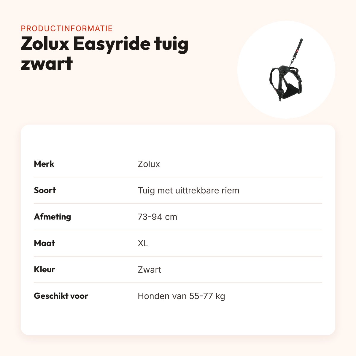 Zolux Easyride hondentuig zwart XL 73-94 cm – handsfree, 55-77 kg – productinformatie