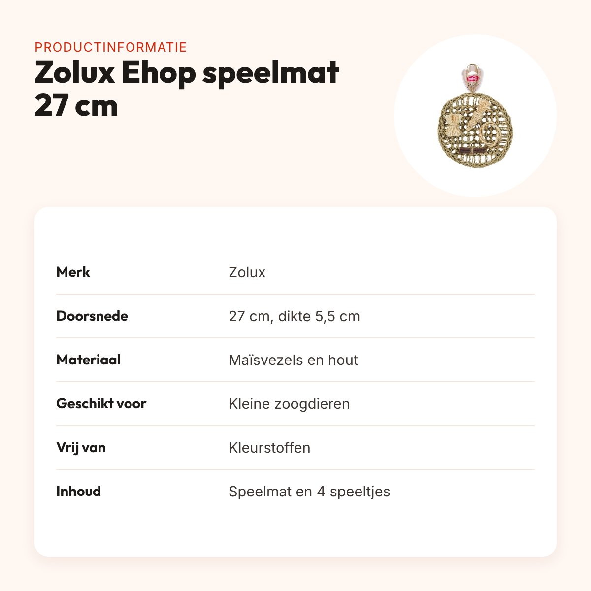 Zolux Ehop speelmat 27 cm – kleine zoogdieren, met 4 bijtspeeltjes – productinformatie