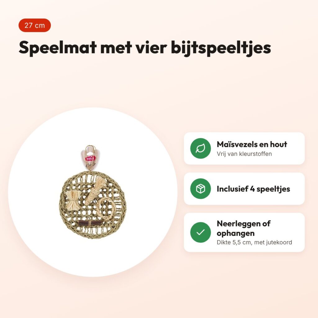Zolux Ehop speelmat 27 cm – kleine zoogdieren, met 4 bijtspeeltjes – voordelen