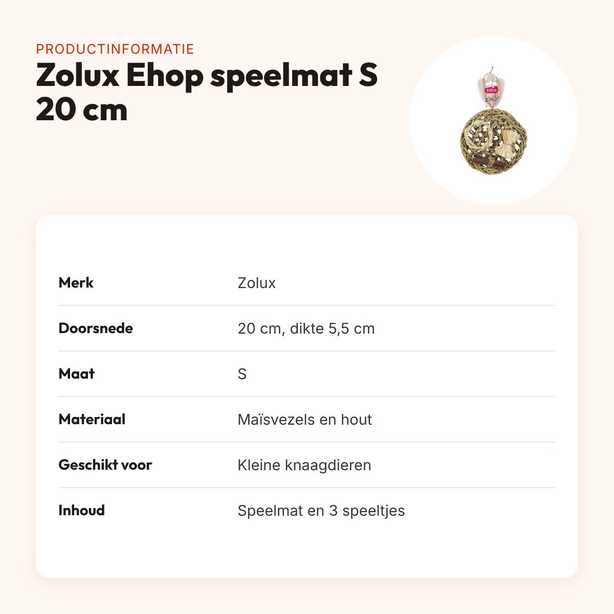 Zolux Ehop speelmat S 20 cm – kleine knaagdieren, met 3 bijtspeeltjes – productinformatie
