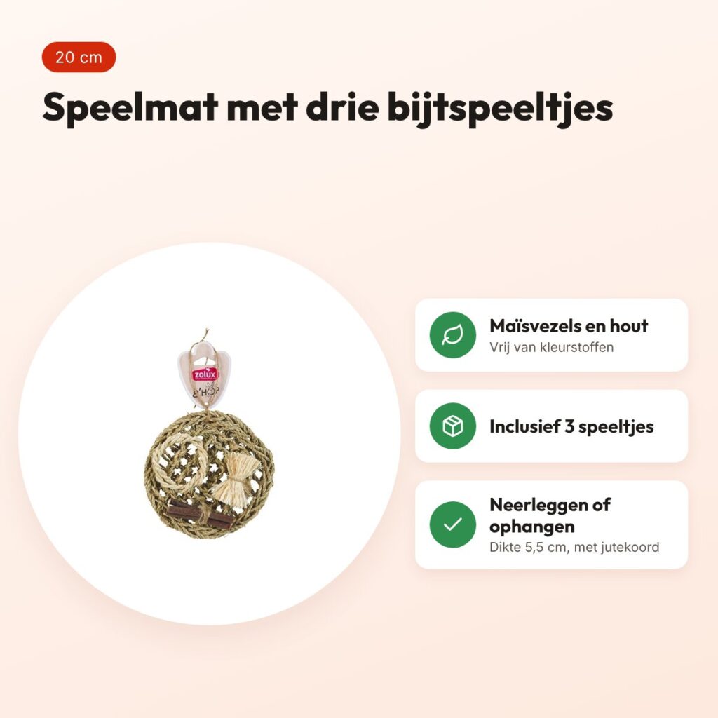 Zolux Ehop speelmat S 20 cm – kleine knaagdieren, met 3 bijtspeeltjes – voordelen