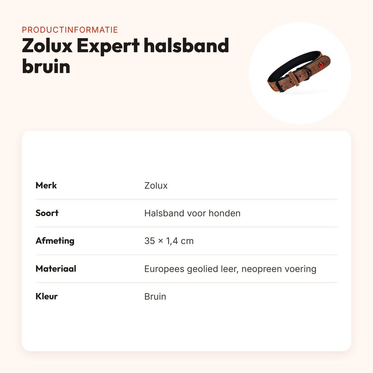 Zolux Expert halsband hond premium leer/neopreen bruin 35 x 1,4 cm – productinformatie
