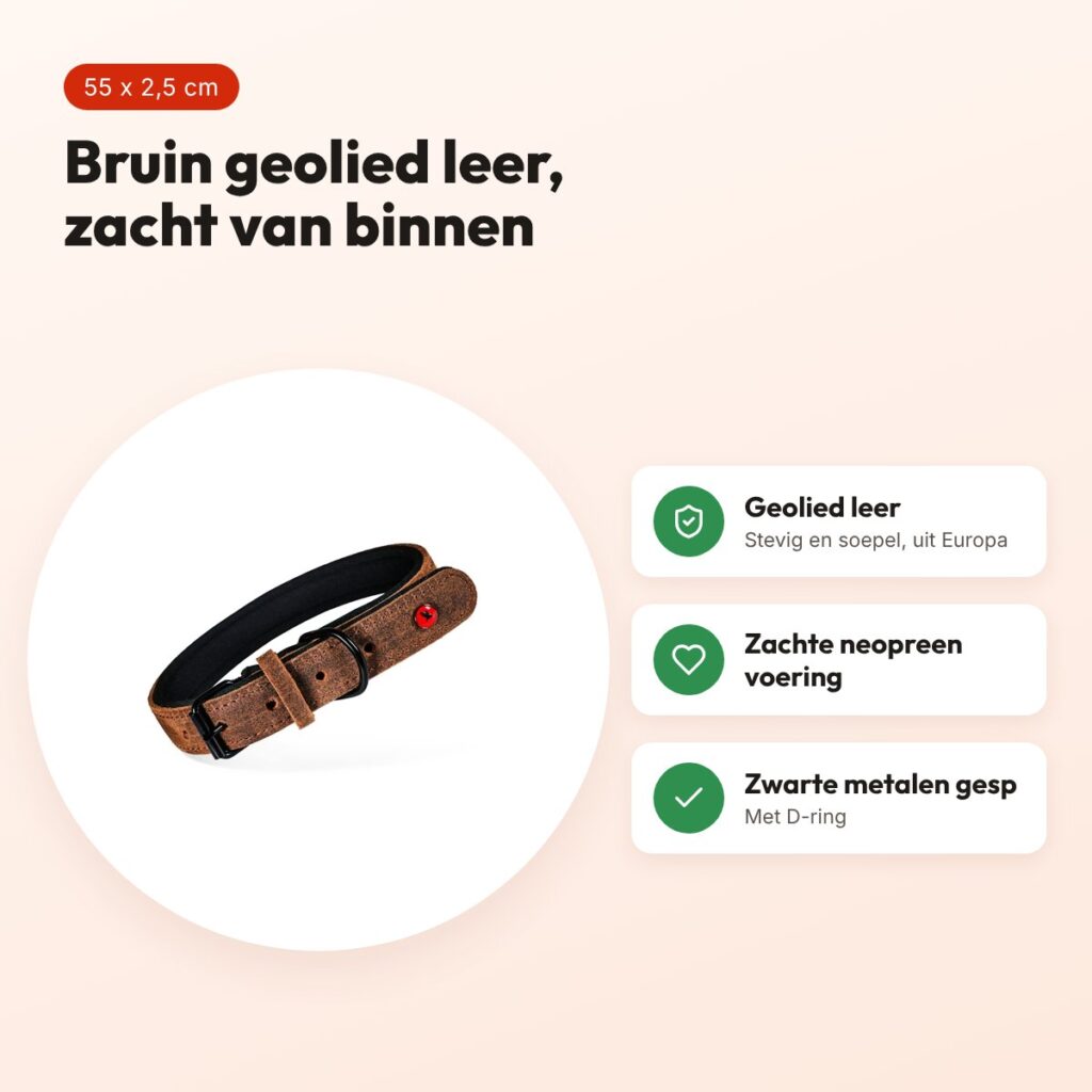 Zolux Expert halsband hond premium leer/neopreen bruin 55 x 2,5 cm – voordelen