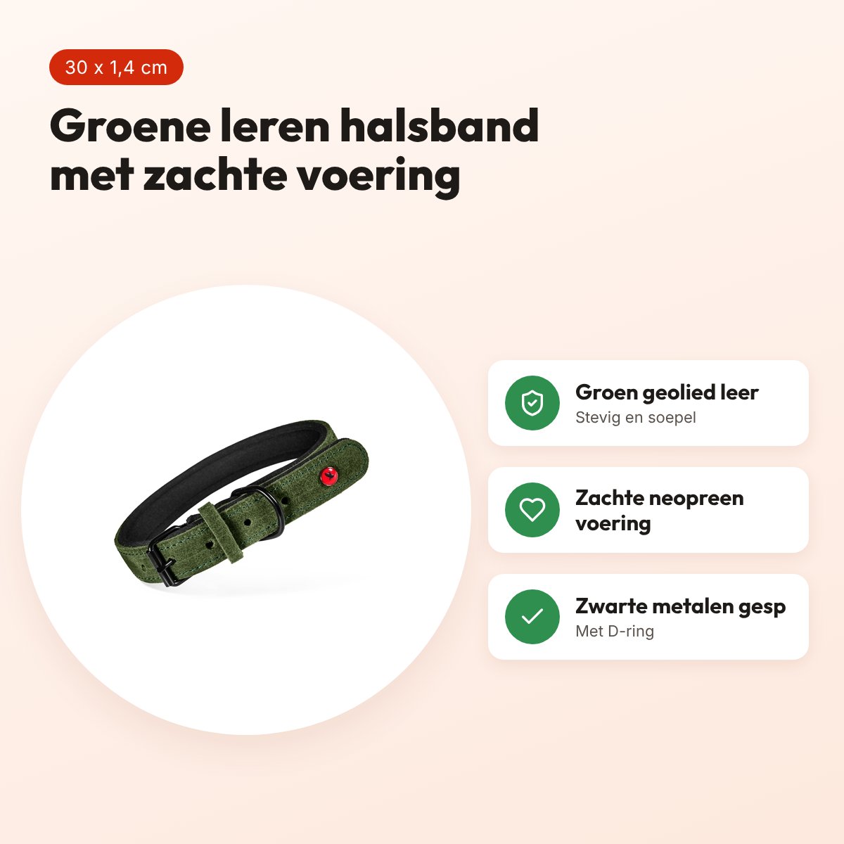 Zolux Expert halsband hond premium leer/neopreen groen 30 x 1,4 cm – voordelen