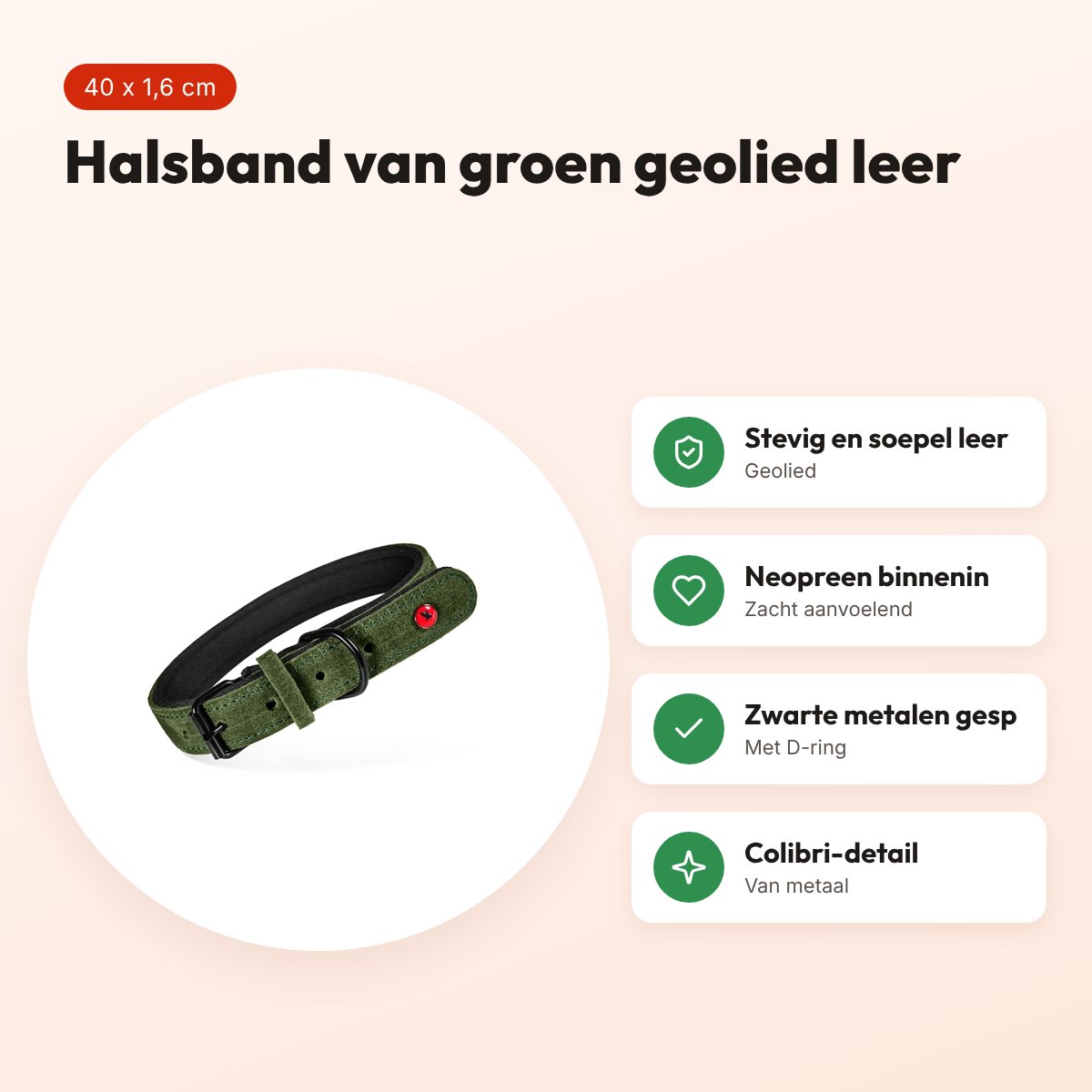 Zolux Expert halsband hond premium leer/neopreen groen 40 x 1,6 cm – voordelen