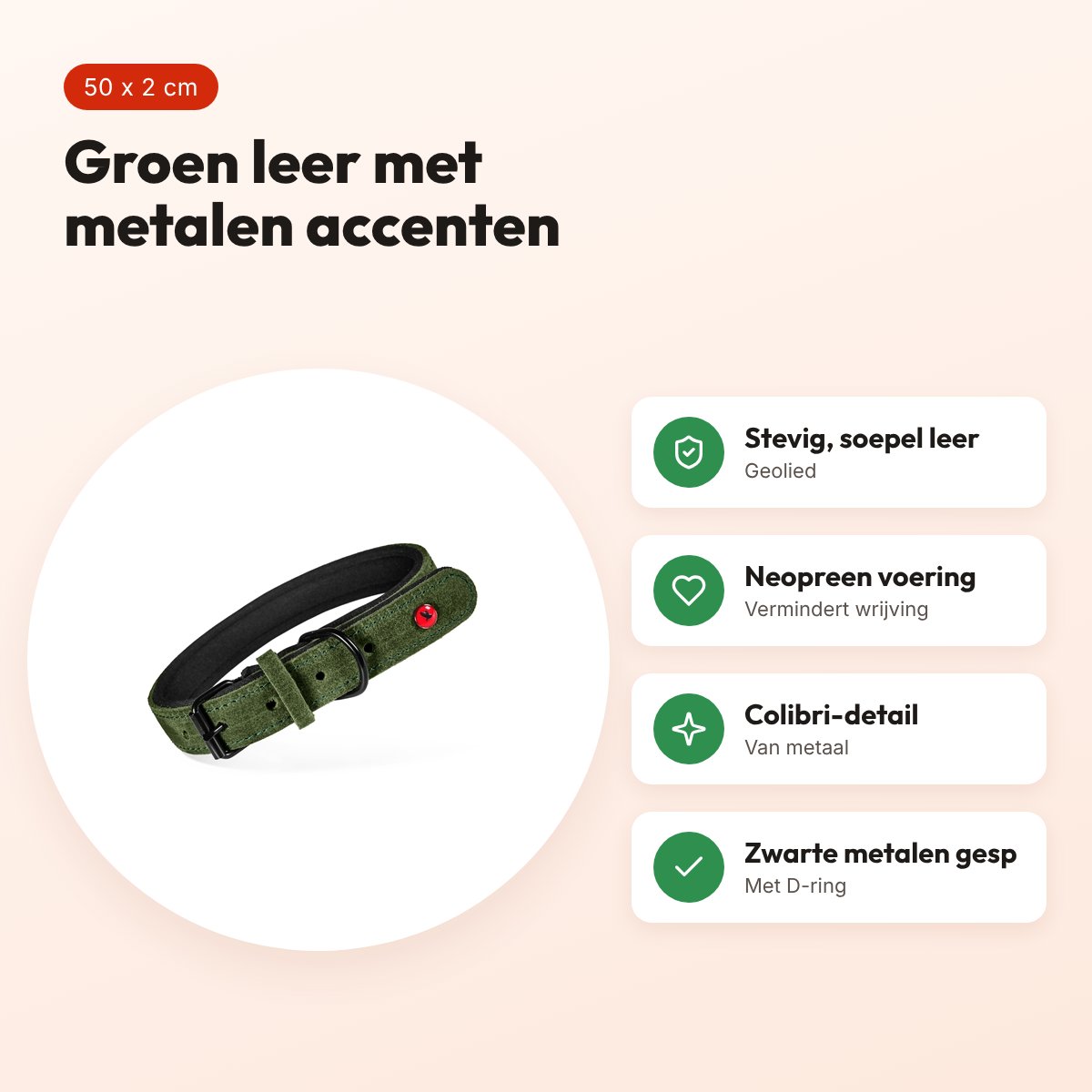 Zolux Expert halsband hond premium leer/neopreen groen 50 x 2 cm – voordelen