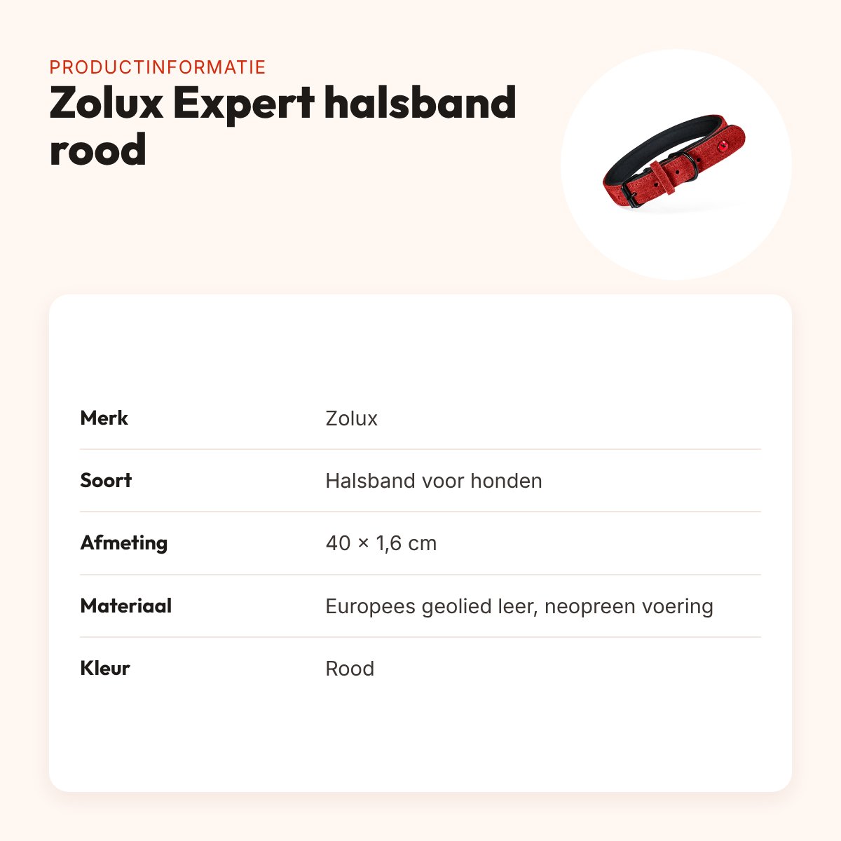 Zolux Expert halsband hond premium leer/neopreen rood 40 x 1,6 cm – productinformatie