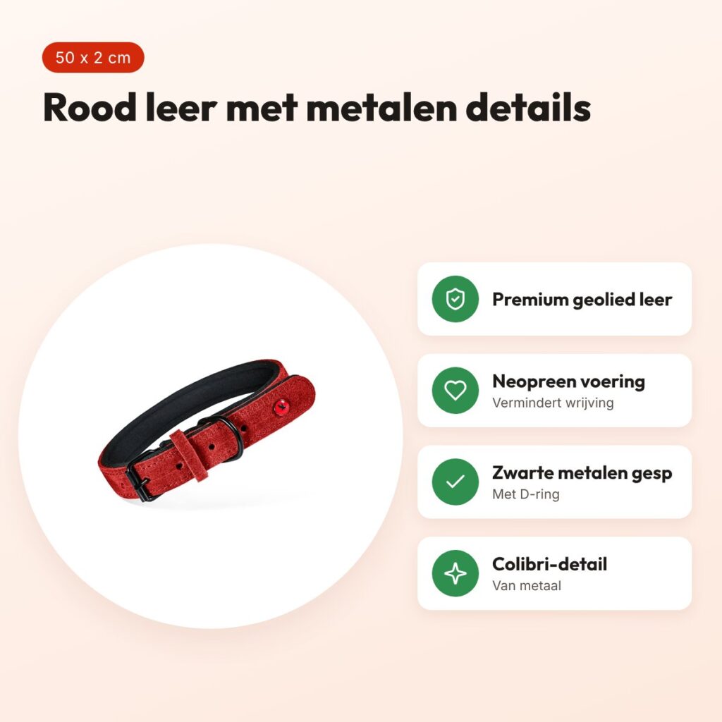 Zolux Expert halsband hond premium leer/neopreen rood 50 x 2 cm – voordelen