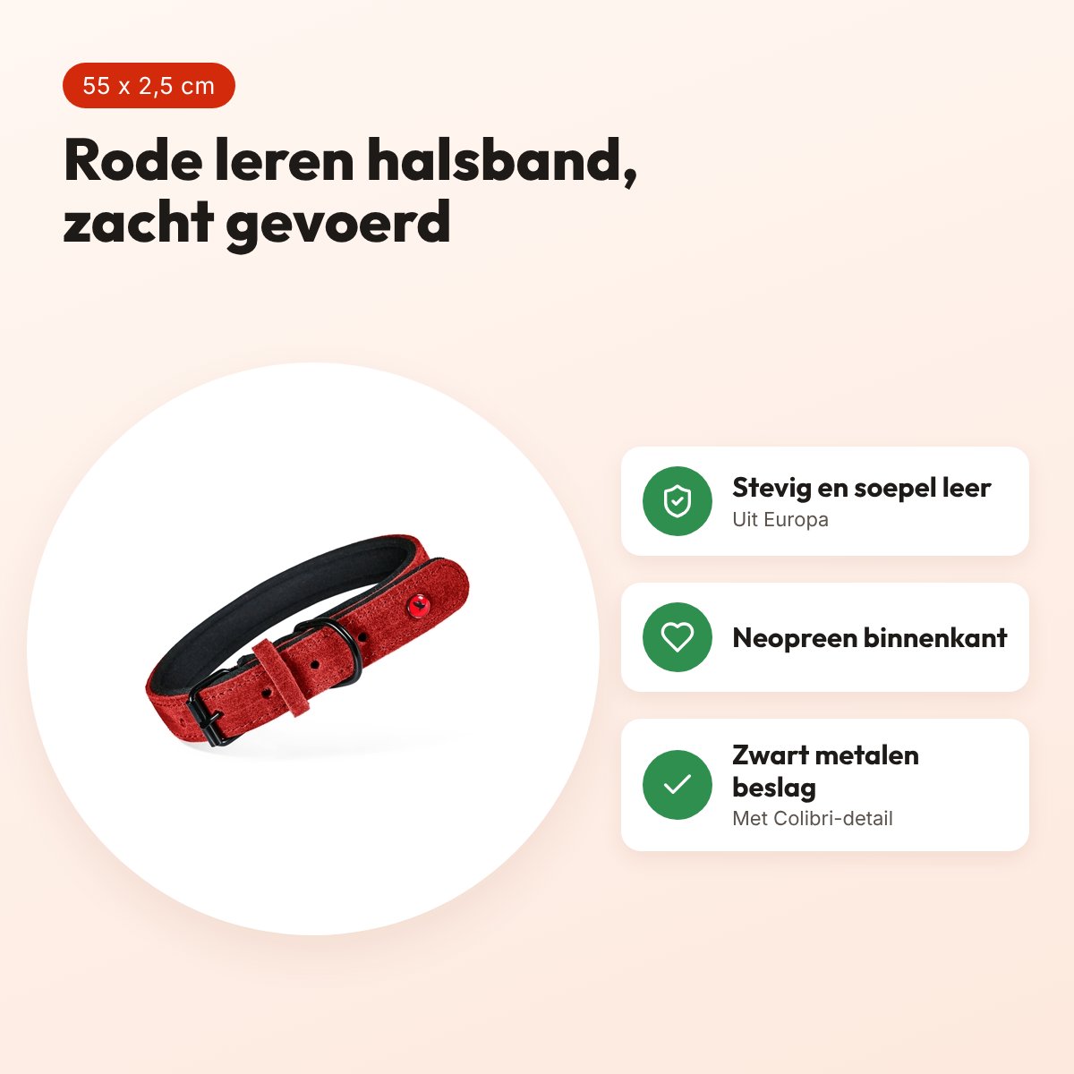 Zolux Expert halsband hond premium leer/neopreen rood 55 x 2,5 cm – voordelen