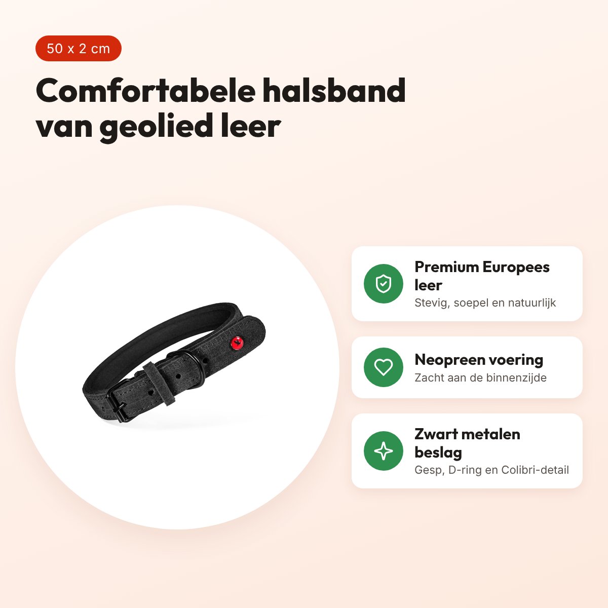 Zolux Expert halsband hond premium leer/neopreen zwart 50 x 2 cm – voordelen