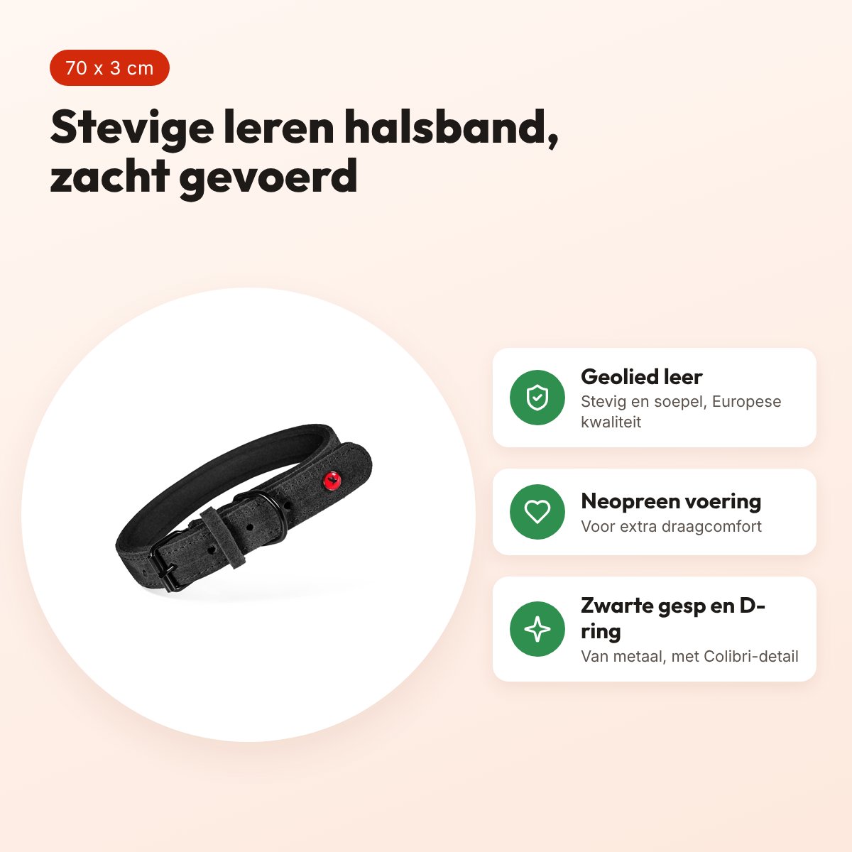 Zolux Expert halsband hond premium leer/neopreen zwart 70 x 3 cm – voordelen
