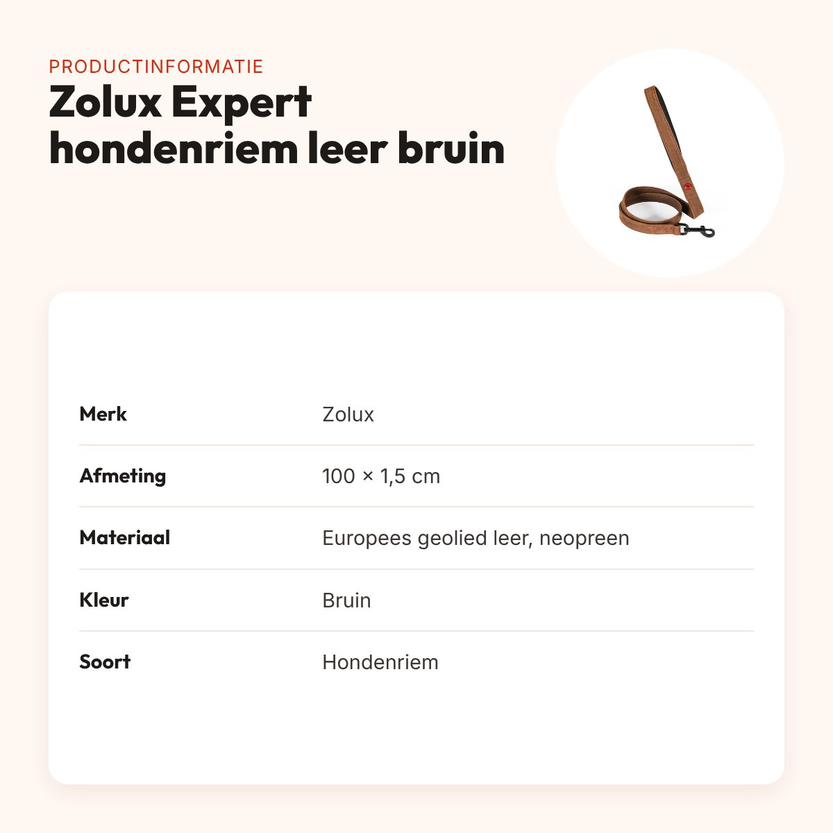 Zolux Expert hondenriem premium leer/neopreen bruin 100 x 1,5 cm – productinformatie