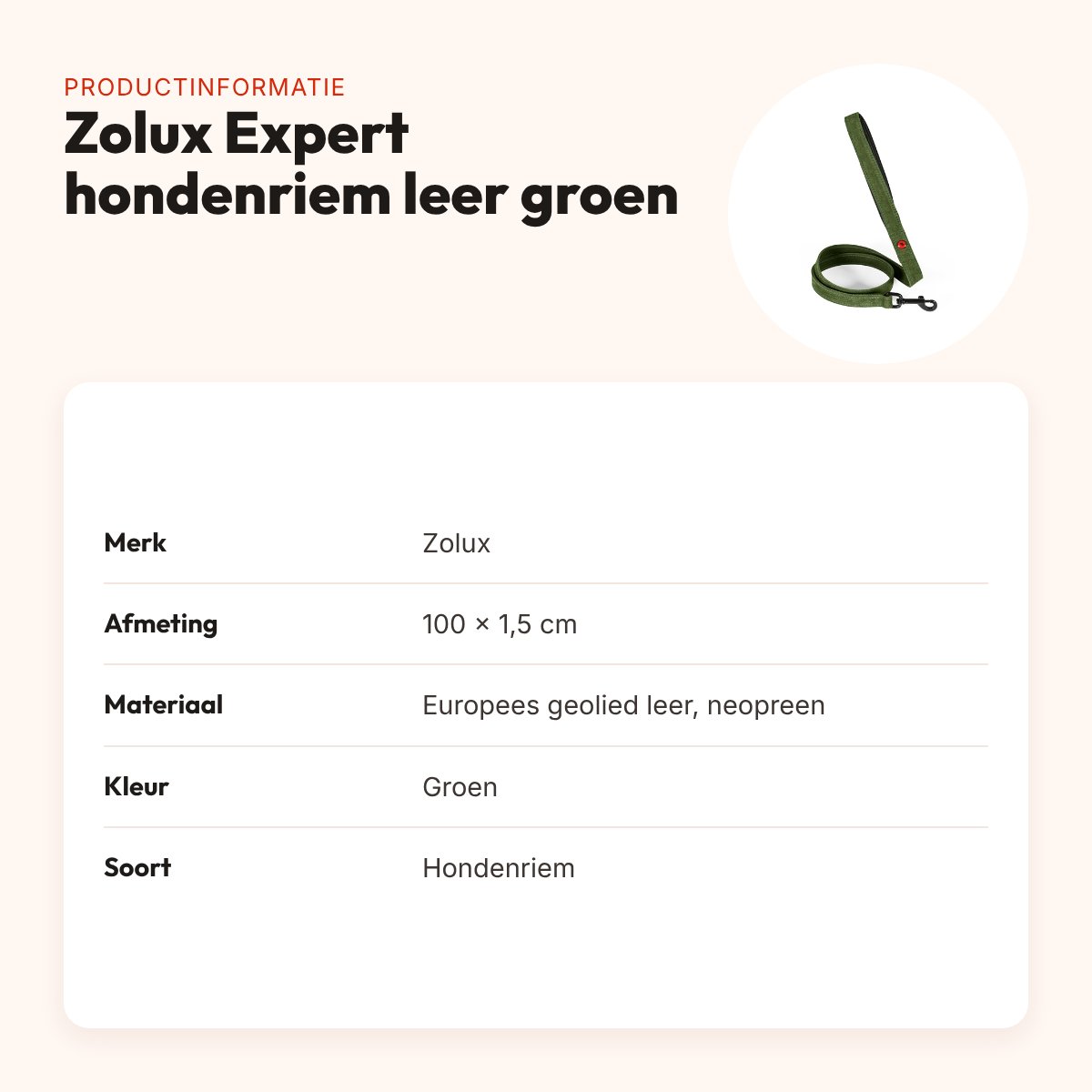 Zolux Expert hondenriem premium leer/neopreen groen 100 x 1,5 cm – productinformatie