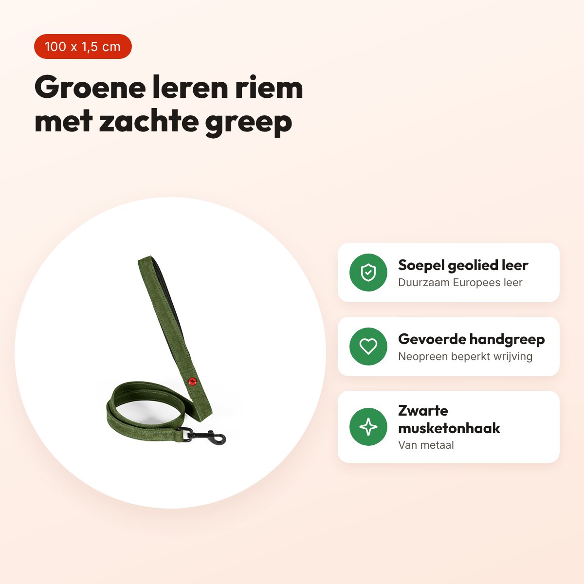 Zolux Expert hondenriem premium leer/neopreen groen 100 x 1,5 cm – voordelen