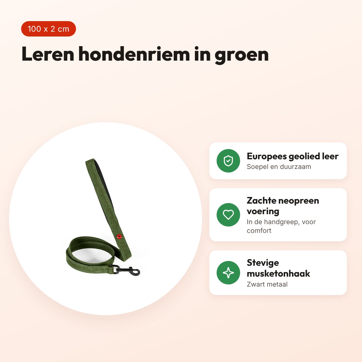 Zolux Expert hondenriem premium leer/neopreen groen 100 x 2 cm – voordelen