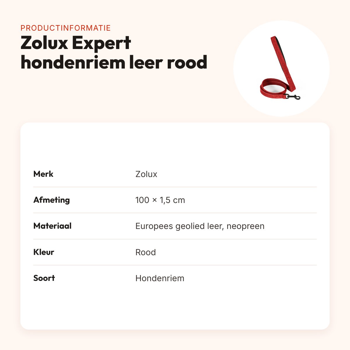 Zolux Expert hondenriem premium leer/neopreen rood 100 x 1,5 cm – productinformatie