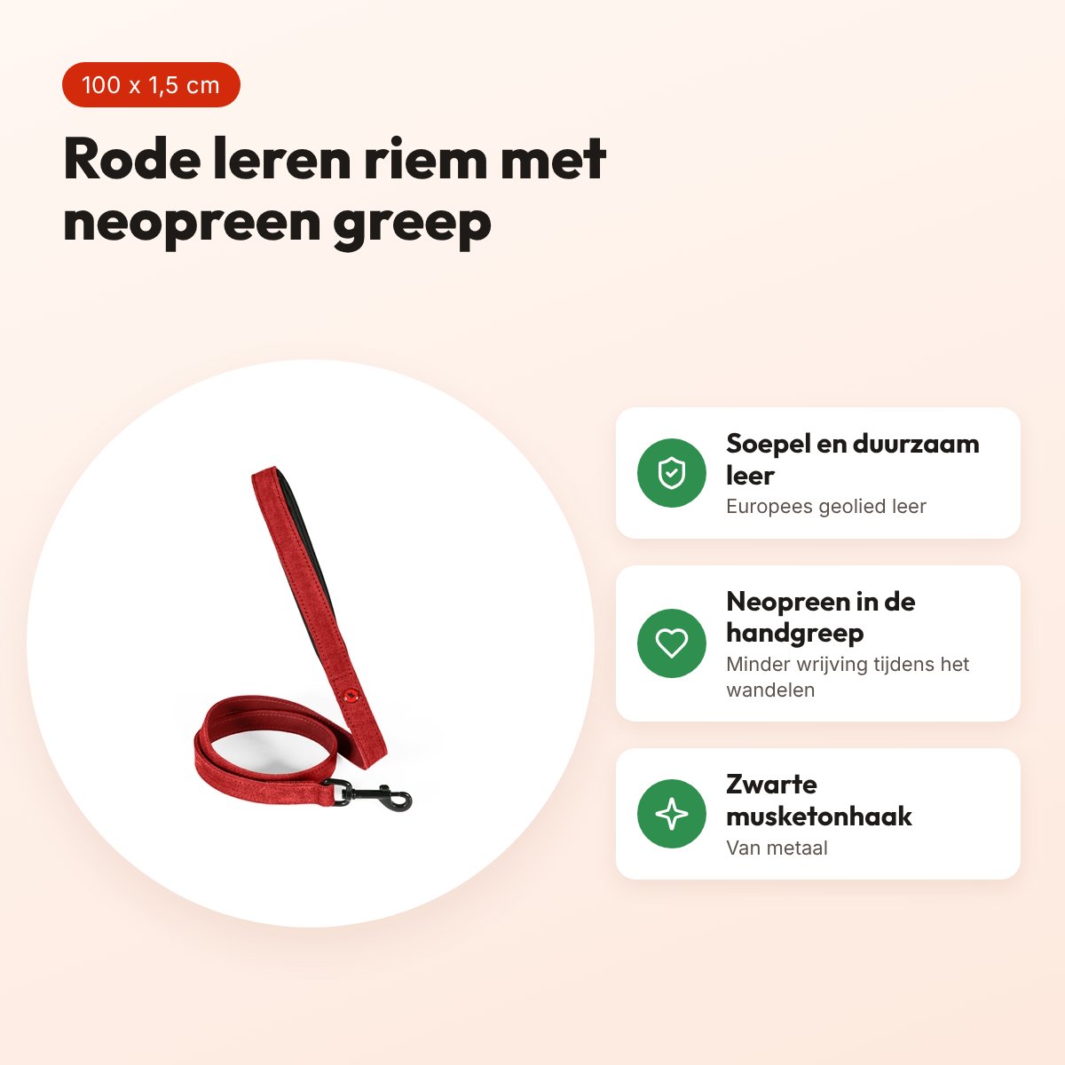 Zolux Expert hondenriem premium leer/neopreen rood 100 x 1,5 cm – voordelen
