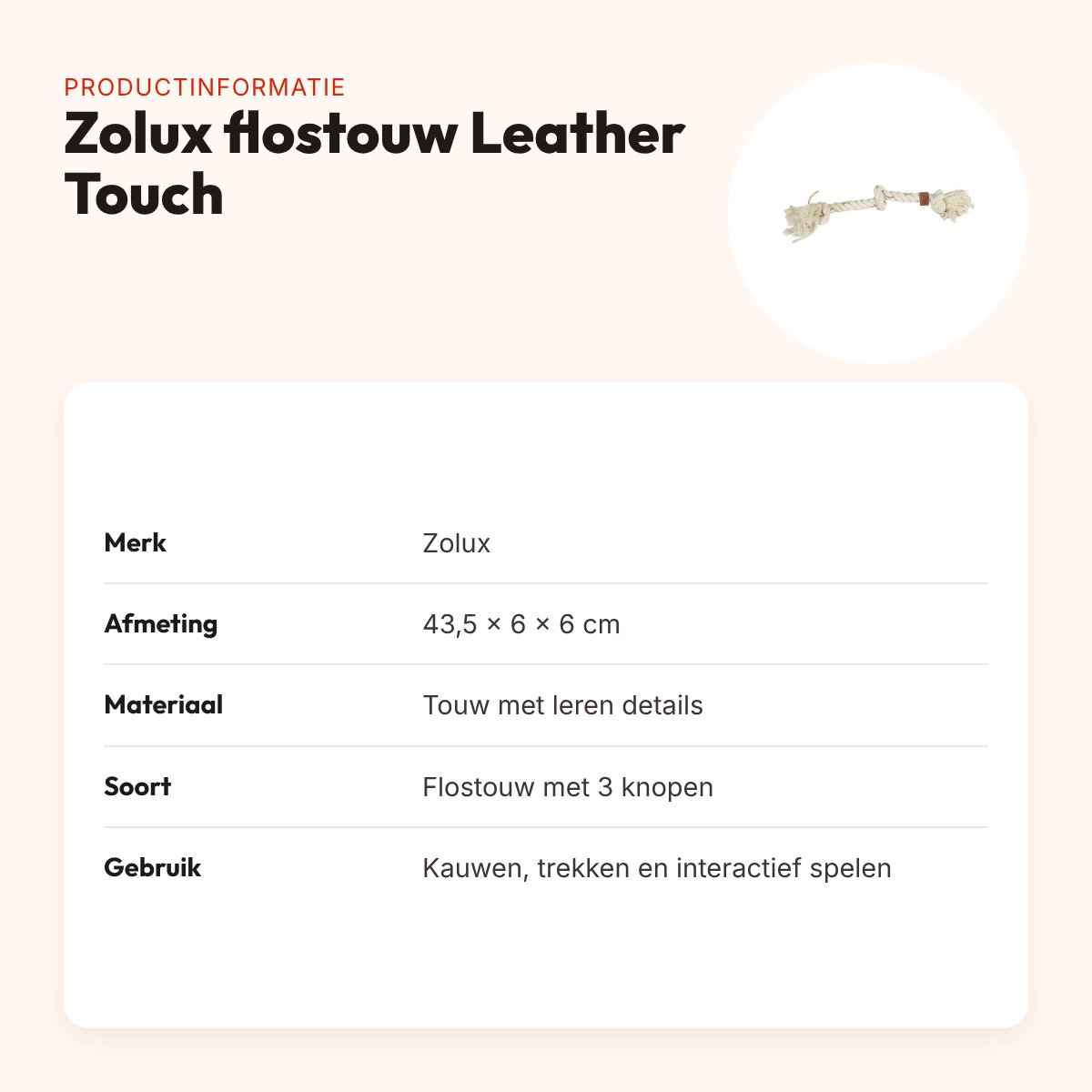 Zolux flostouw Leather Touch 3 knopen 43,5 cm – touw met leren details – productinformatie
