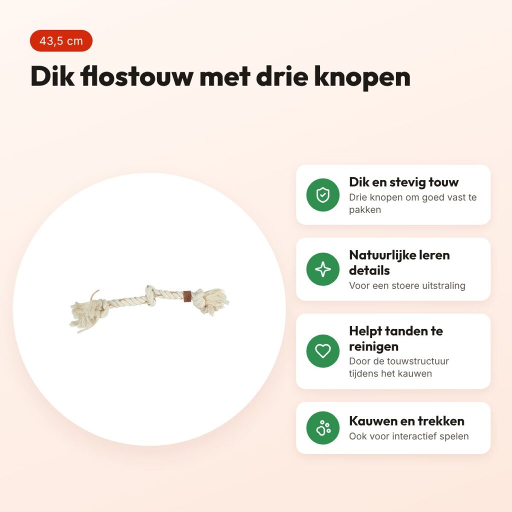 Zolux flostouw Leather Touch 3 knopen 43,5 cm – touw met leren details – voordelen