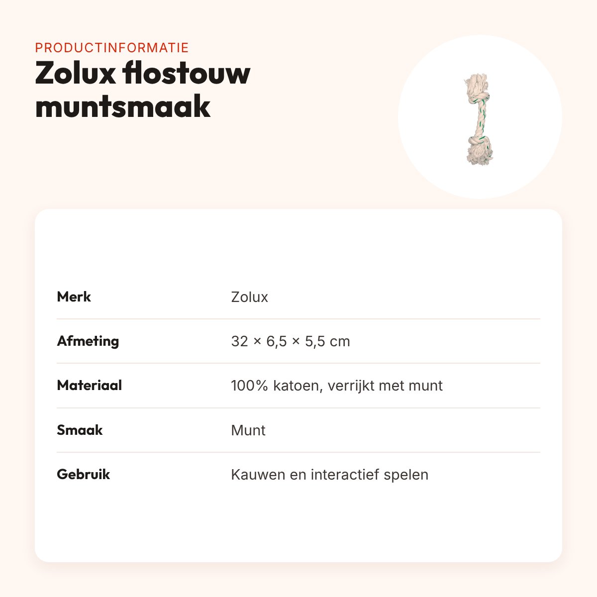 Zolux flostouw met muntsmaak 32 cm – katoenen kauwtouw voor honden – productinformatie