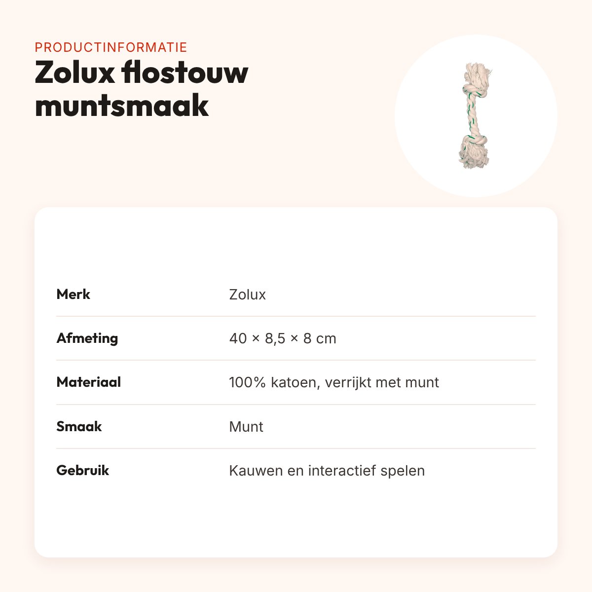 Zolux flostouw met muntsmaak 40 cm – katoenen kauwtouw voor honden – productinformatie