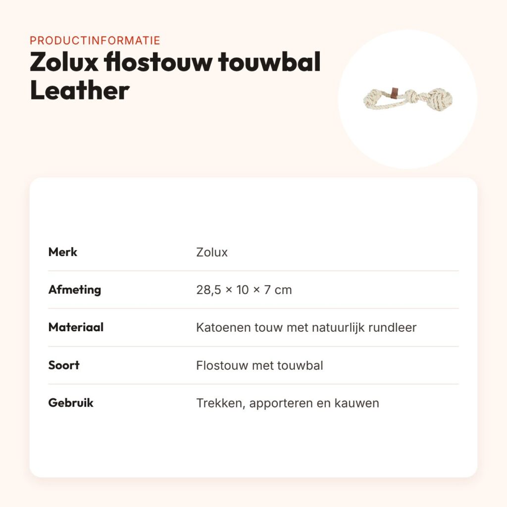 Zolux flostouw met touwbal Leather Touch 28,5 cm – katoen en rundleer – productinformatie
