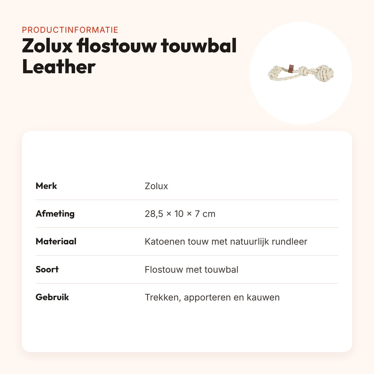 Zolux flostouw met touwbal Leather Touch 28,5 cm – katoen en rundleer – productinformatie