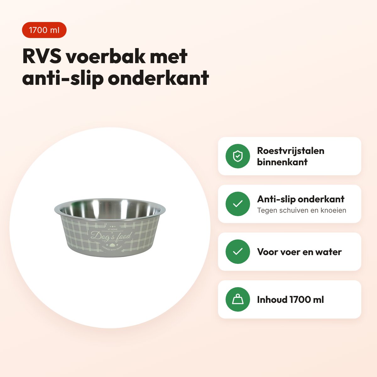 Zolux Food voerbak taupe 1700 ml – RVS, anti-slip, voor honden – voordelen