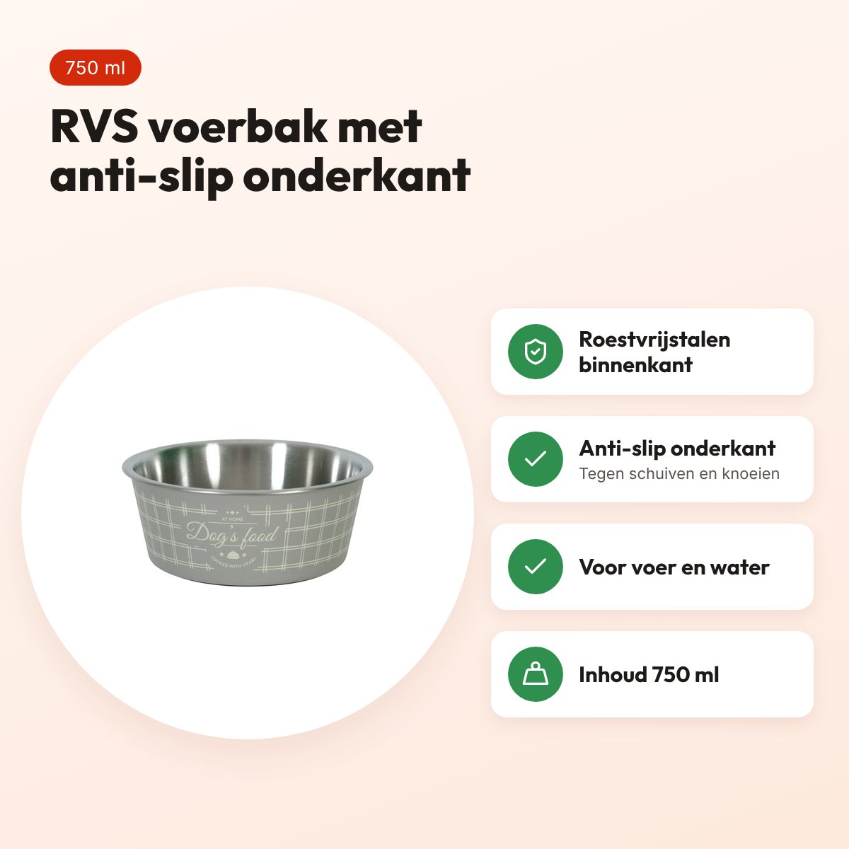 Zolux Food voerbak taupe 750 ml – RVS, anti-slip, voor honden – voordelen