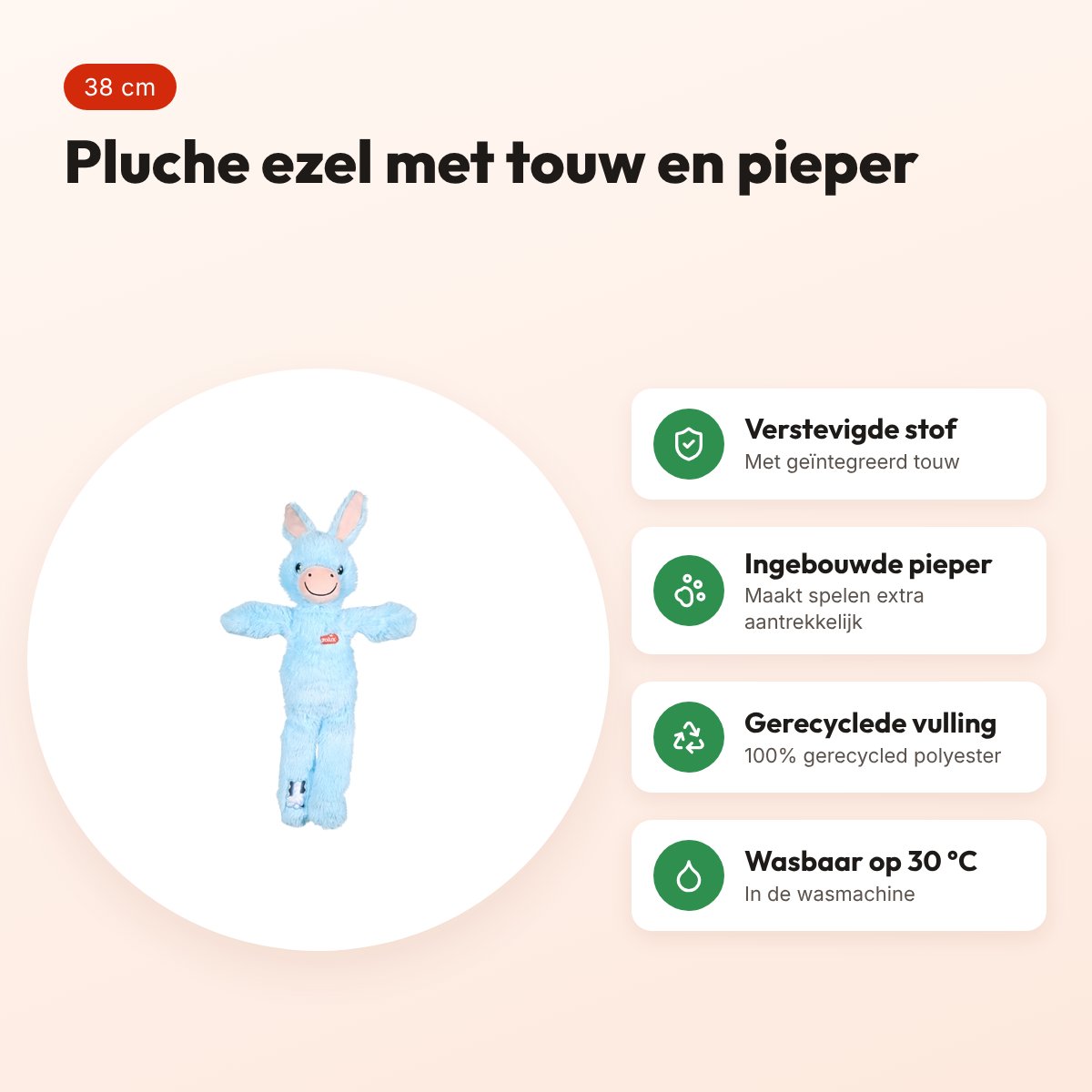 Zolux Furry Farm ezel Hassan pluche met touw blauw 38 cm – hondenspeeltje – voordelen