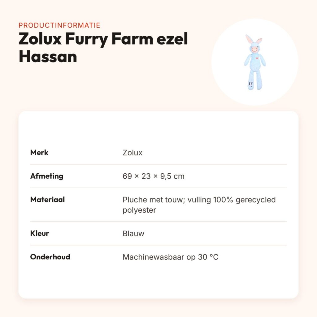 Zolux Furry Farm ezel Hassan pluche met touw blauw 69 cm – hondenspeeltje – productinformatie