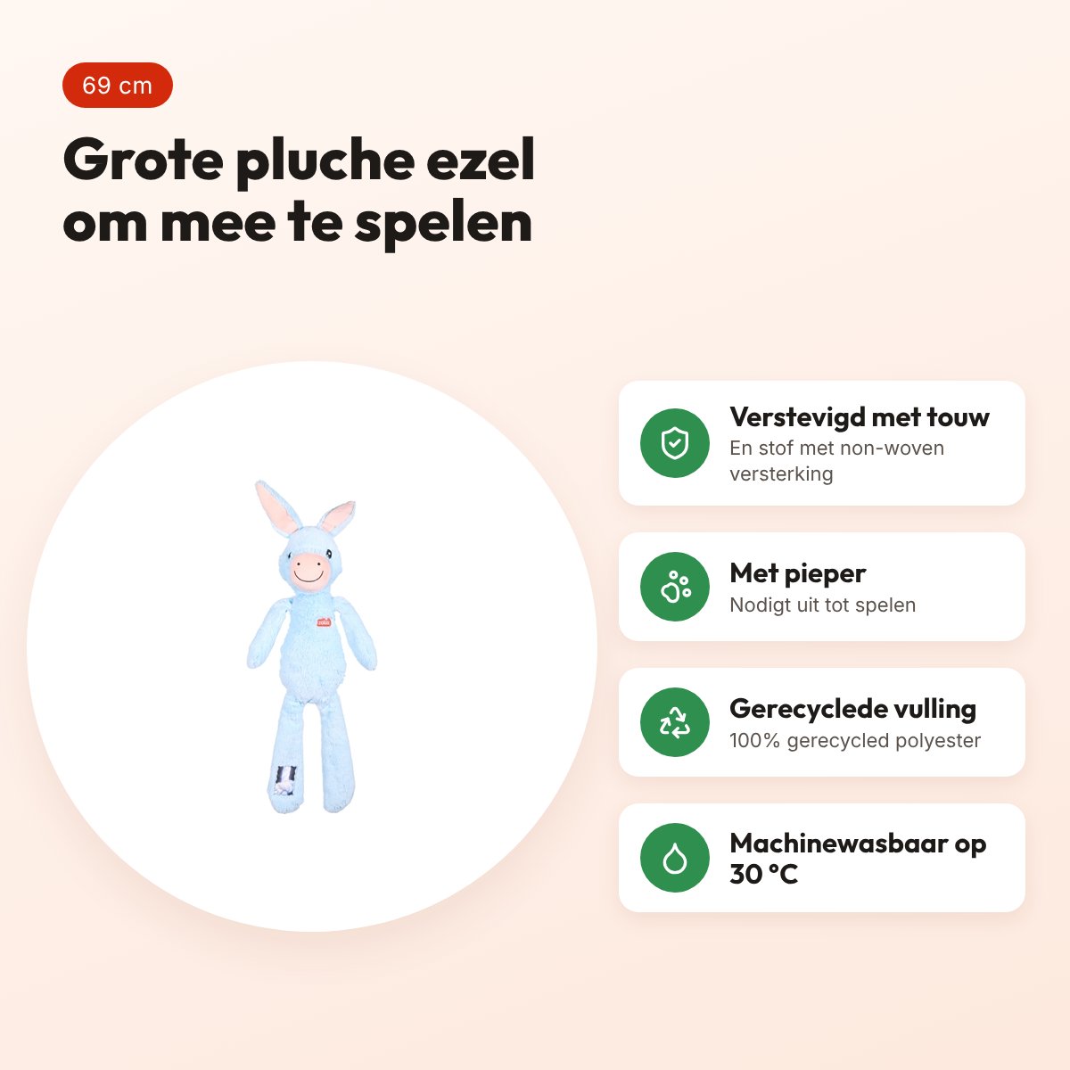 Zolux Furry Farm ezel Hassan pluche met touw blauw 69 cm – hondenspeeltje – voordelen