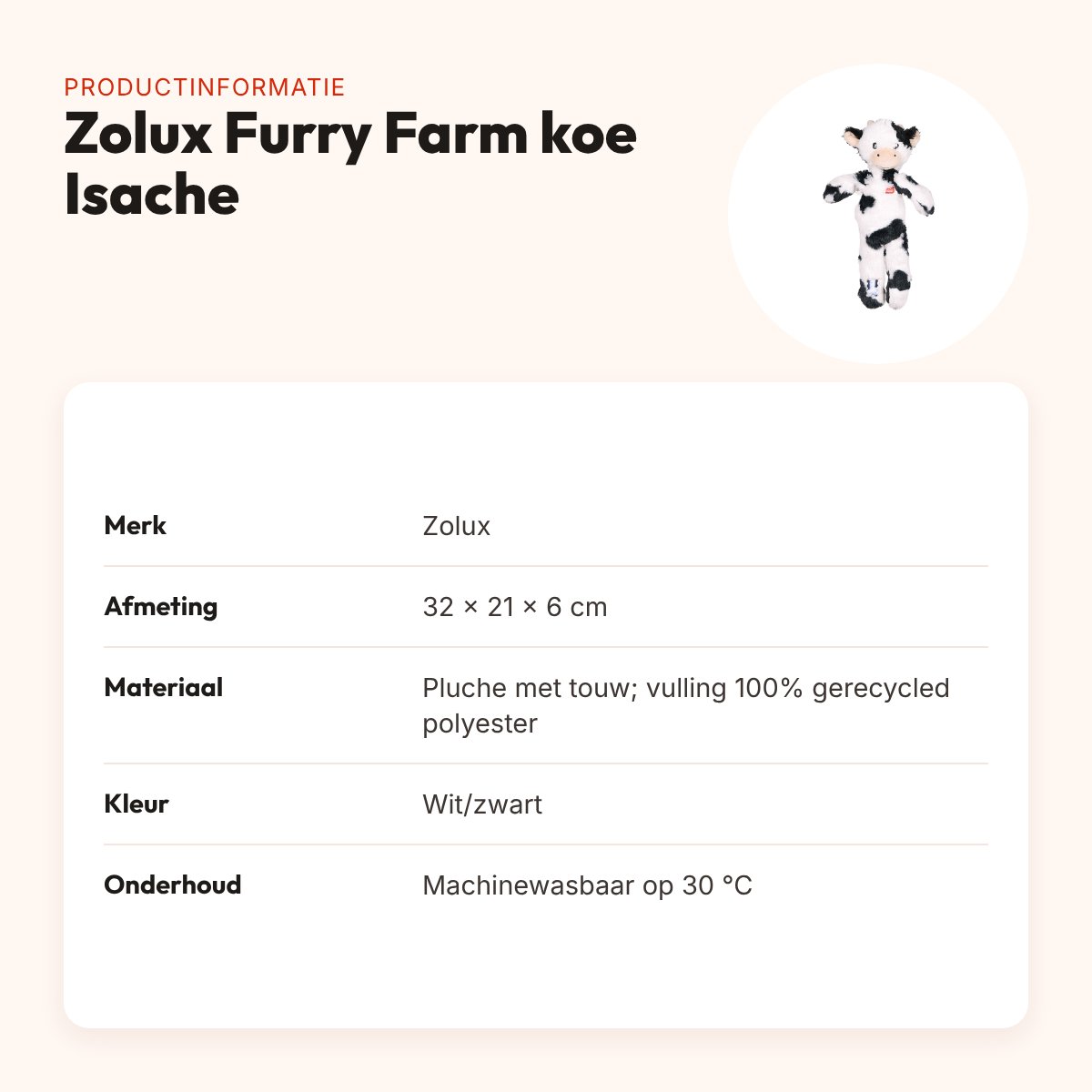 Zolux Furry Farm koe Isache pluche met touw wit/zwart 32 cm – speeltje – productinformatie