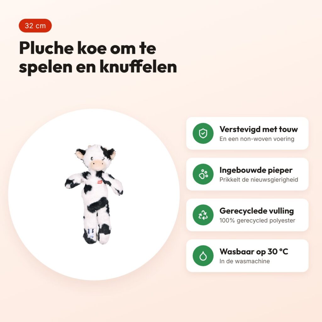 Zolux Furry Farm koe Isache pluche met touw wit/zwart 32 cm – speeltje – voordelen